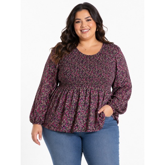 croft & barrow Tops - Croft & Barrow 2X Purple Floral Smocked Peplum3/4 Sleeve Top Cottagecore Ditsy